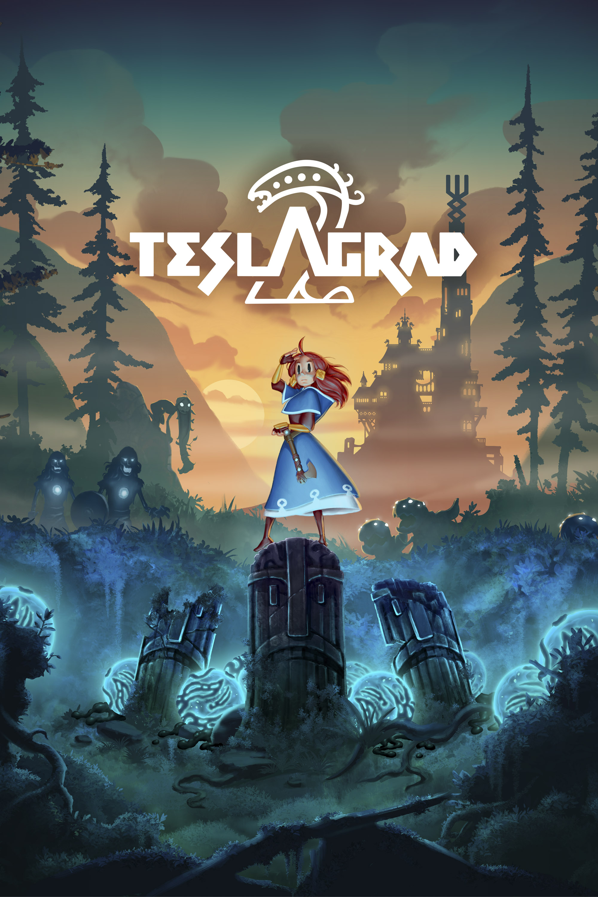Illustrasjon. Plakat med teksten Teslagrad 2 øverst i bildet. En tegnet jente i blå kjole står på en høy stein i en skog, med et slott i bakgrunnen og flere mørke figurer rundt i landskapet.
