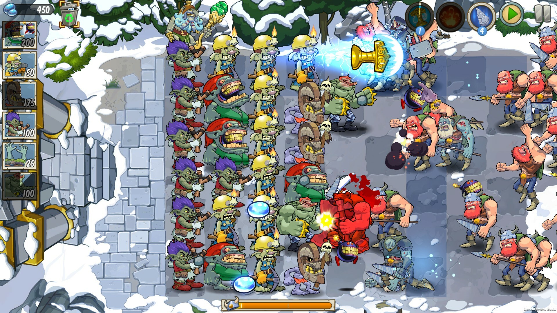 Illustrasjon. Skjermbilde fra spillet Trolls vs Vikings Reborn. Et slagfelt i snødekt terreng med mange små figurer i kamp og flere effekter over rutenettet.