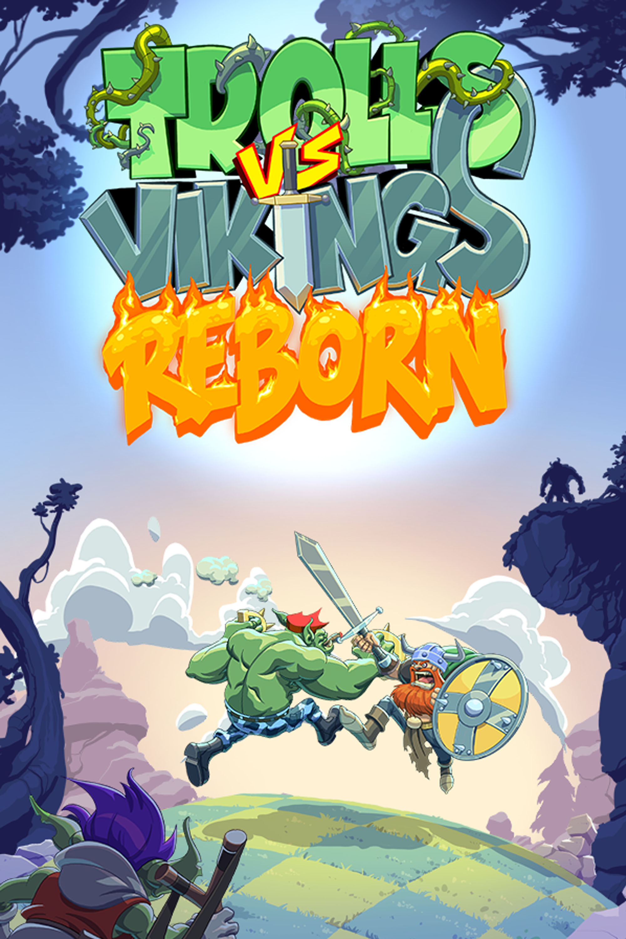 Illustrasjon. Plakat med teksten Trolls vs Vikings Reborn øverst i bildet. Et grønt troll og en viking slåss med sverd og skjold i et tegnet landskap, med skog og fjell i bakgrunnen.
