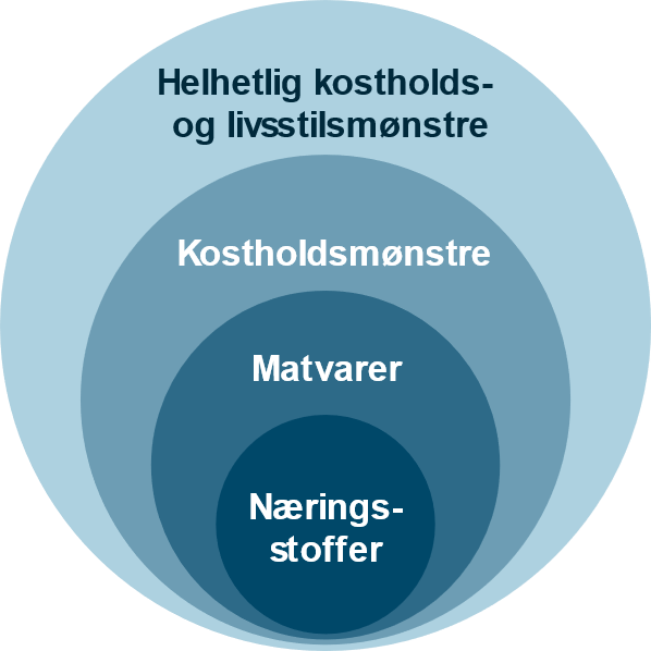 Sirkler som illustrerer en overgang fra spesifikke næringsstoffer til et bredere livsstilsperspektiv i forhold til tarmkreft. I sentrum «Næringsstoffer», omgitt av «Matvarer», deretter «Kostholdsmønstre», og ytterst «Helhetlig kostholds- og livsstilsmønstre».