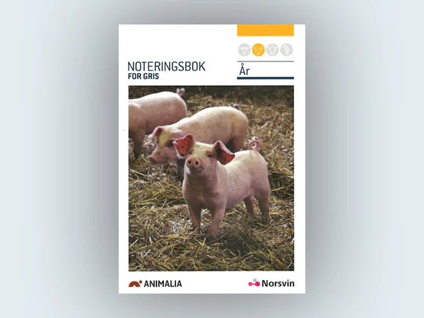 bilde av tre griser i binge, med teksten "noteringsbok for gris".