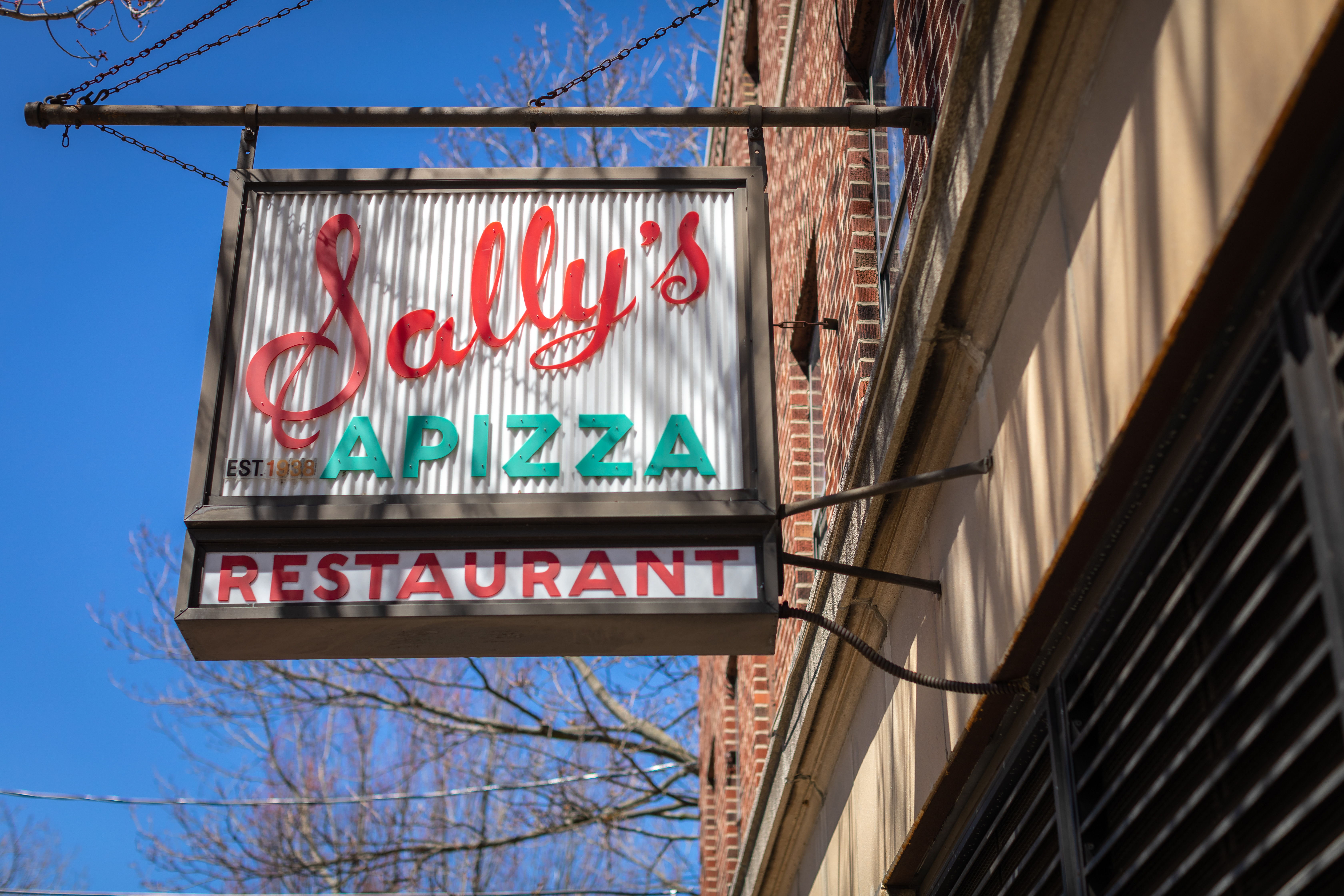 Sally's Apizza sign in New Haven, Connecticut
