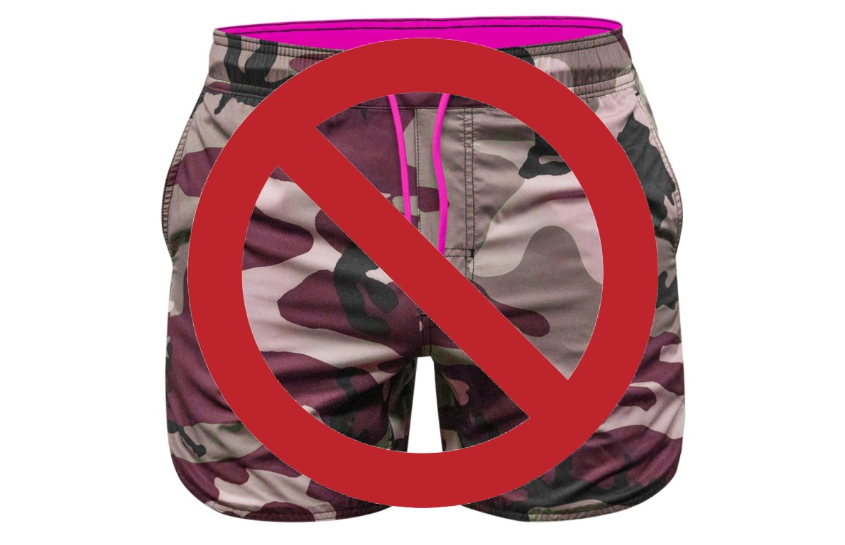 Camouflage swim trunks with prohibited symbol
