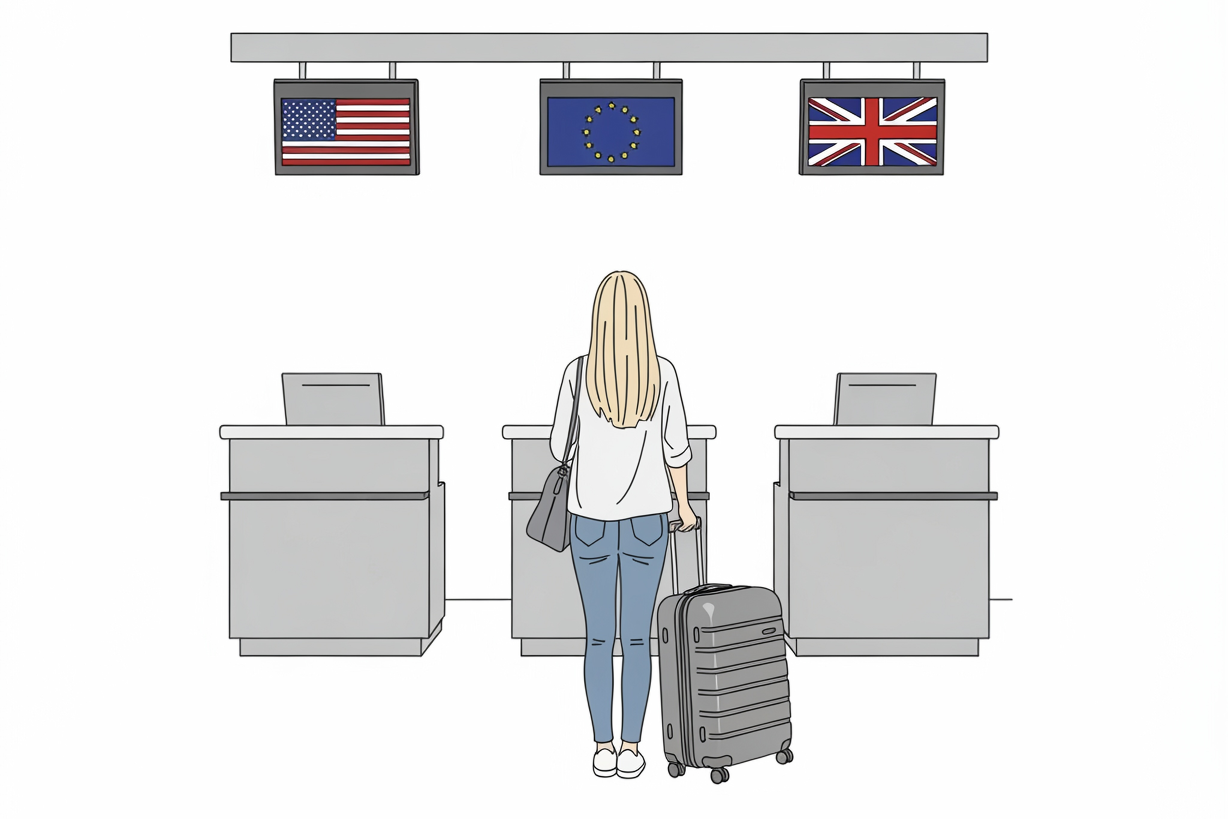 traveler with luggage choosing between check-in desks with various government flags