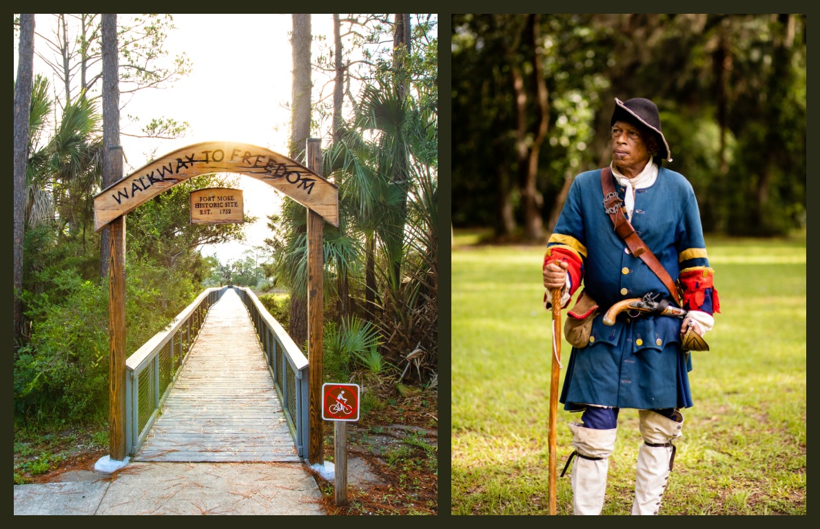 Freedom trail walkway and historic reenactor at Fort Mose Historic State Park in St. Augustine, Florida