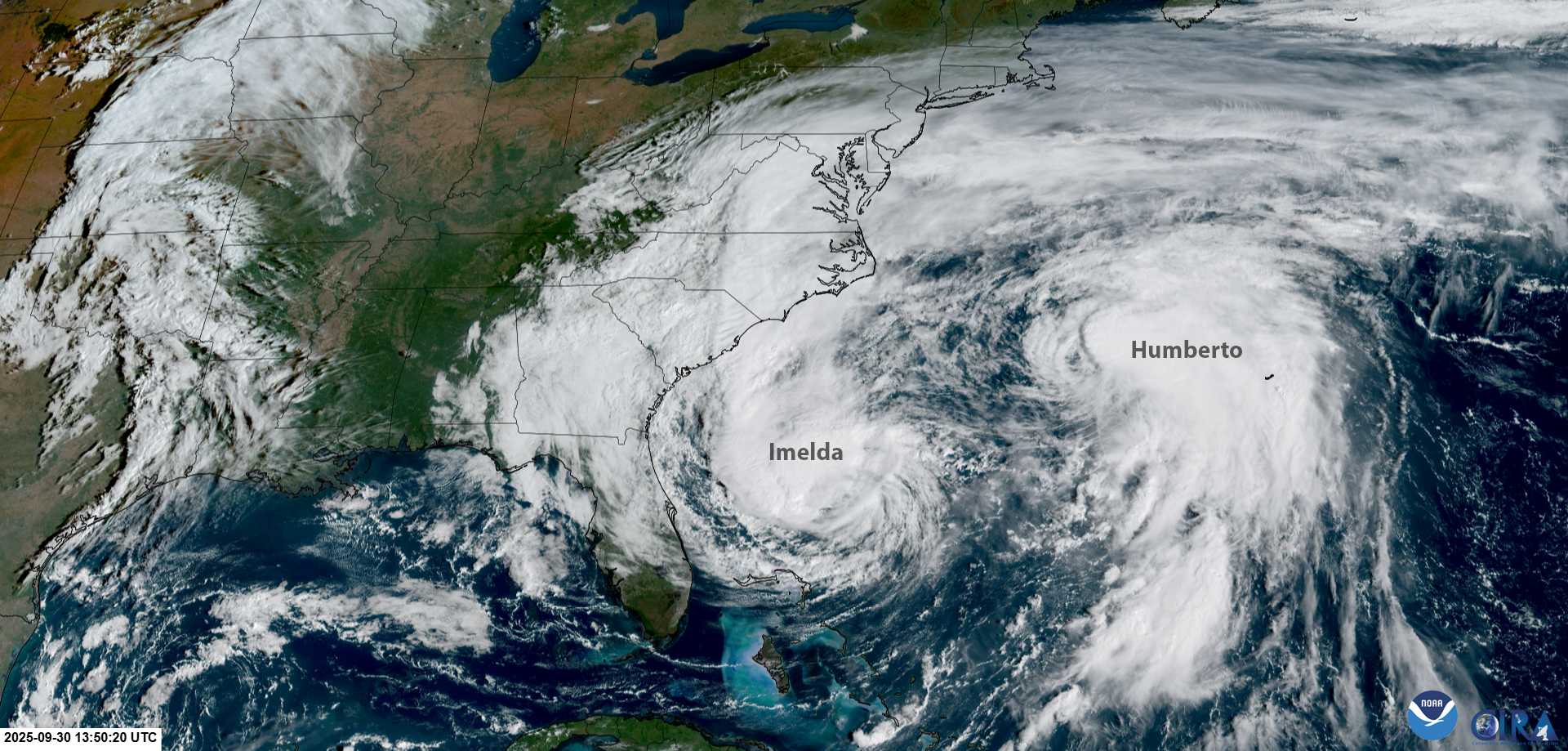 Satellite image of Hurricanes Imelda and Humberto on Sept. 30, 2025