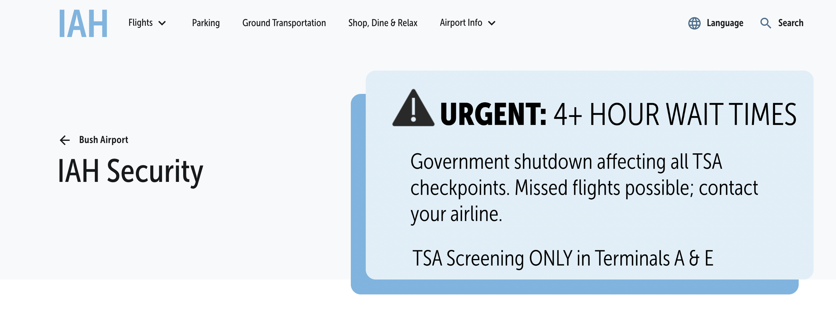 Shutdown wait times warning from George Bush Intercontinental Airport in Houston