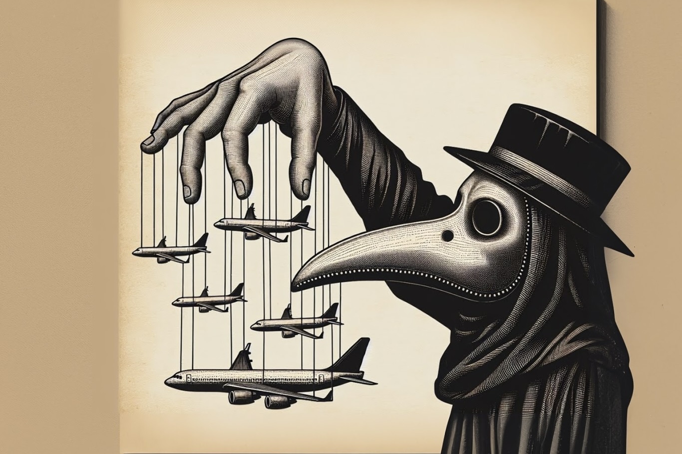 illustration of puppet master controlling airplanes like marionettes