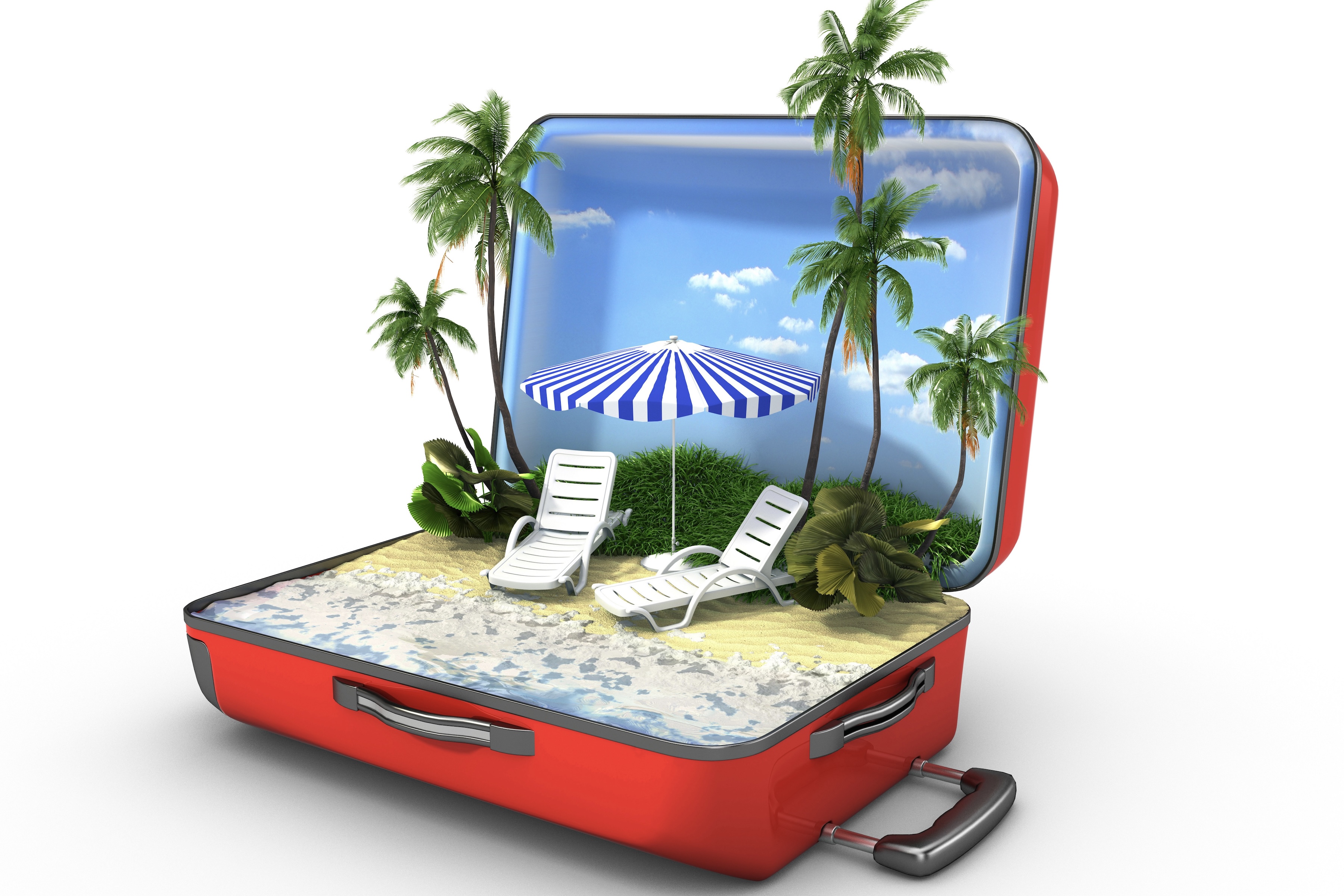 Beach and loungers in a red suitcase (illustration)
