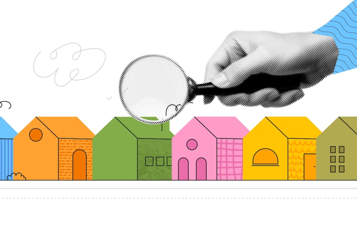 illustration: hand with magnifying glass over model homes