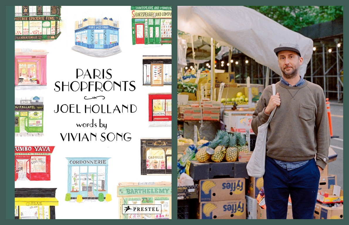 Cover of 'Paris Shopfronts' (Prestel) and illustrator Joel Holland