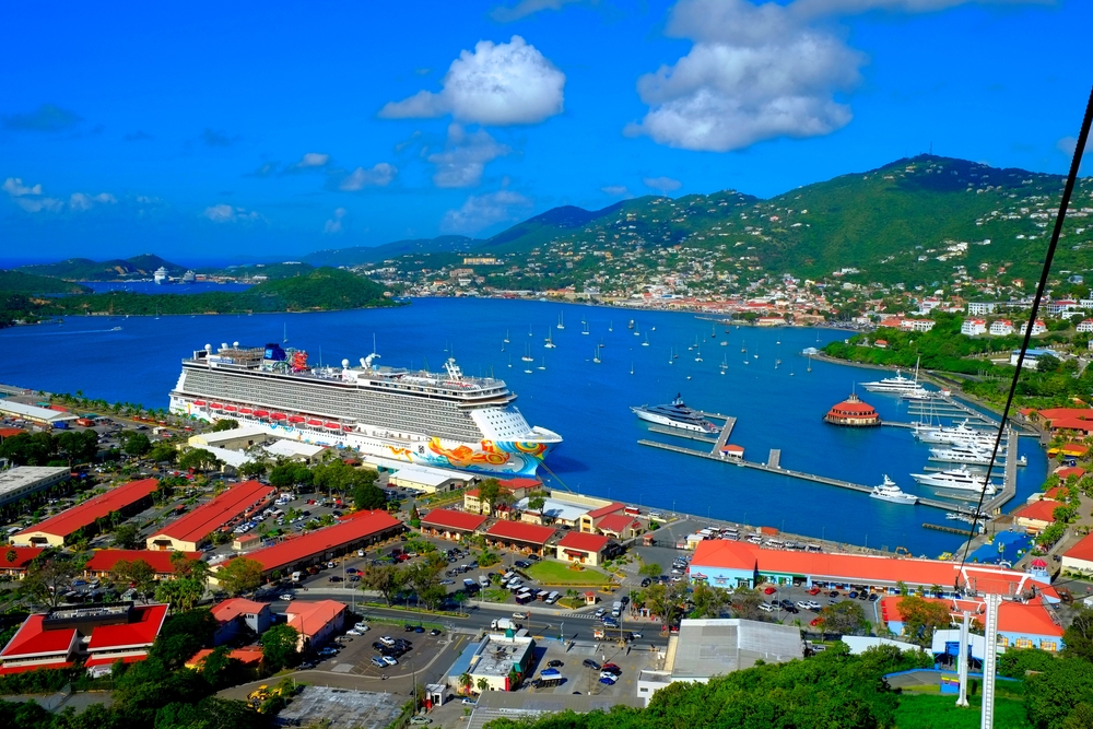 A cruise ship in the harbor of St. Thomas in the U.S. Virgin Islands