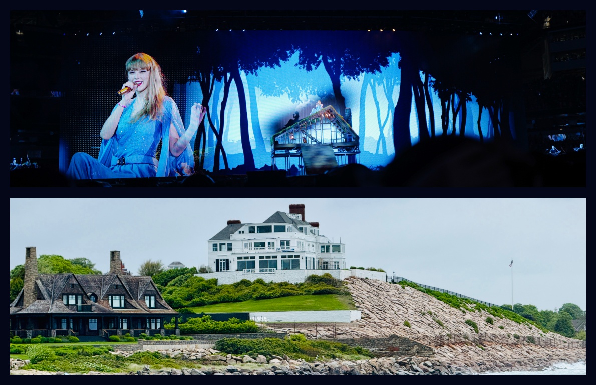 Top: Taylor Swift during the Folklore set of an Eras Tour concert; bottom: Swift's Holiday House in Westerly, Rhode Island