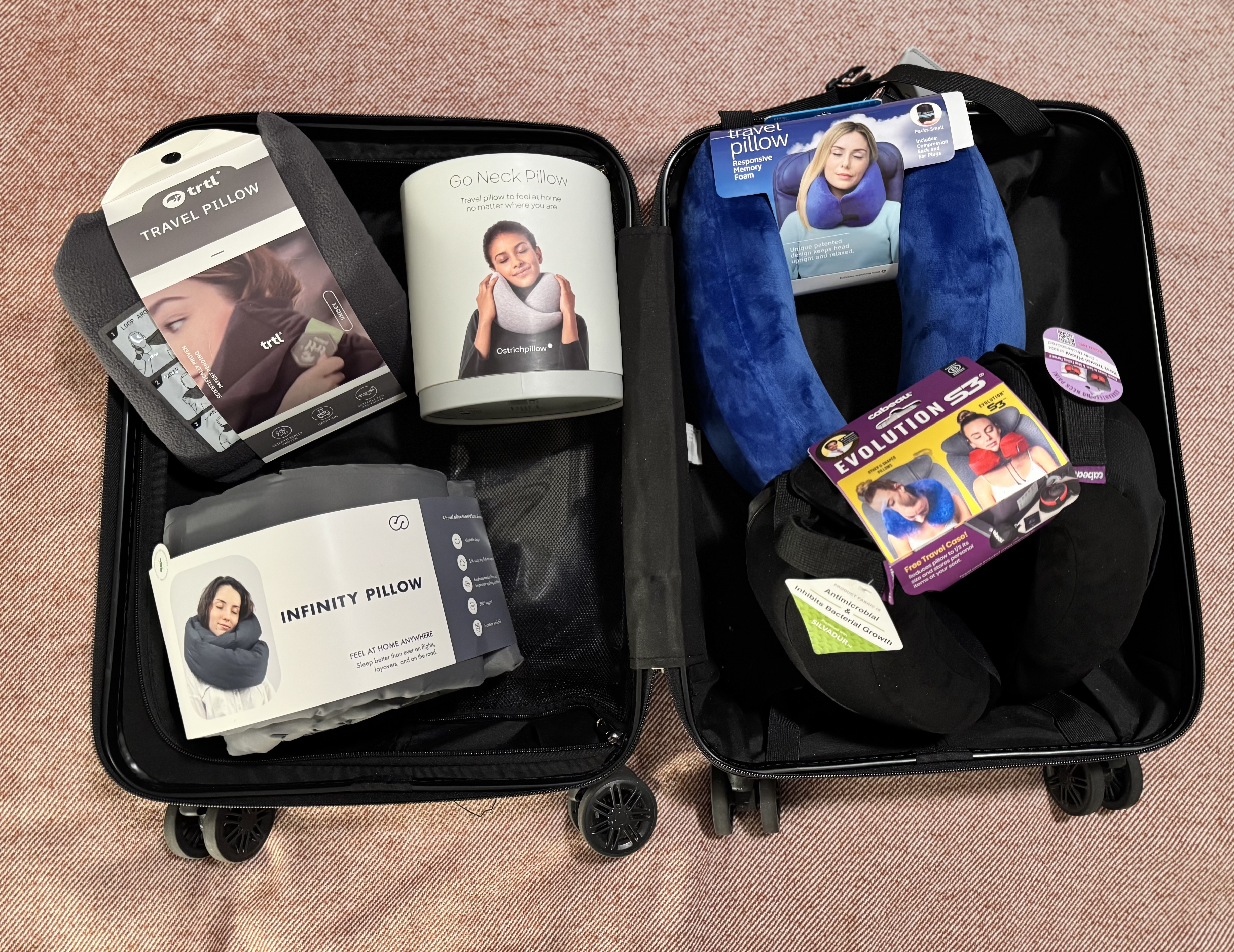 Travel pillows in a carry-on suitcase