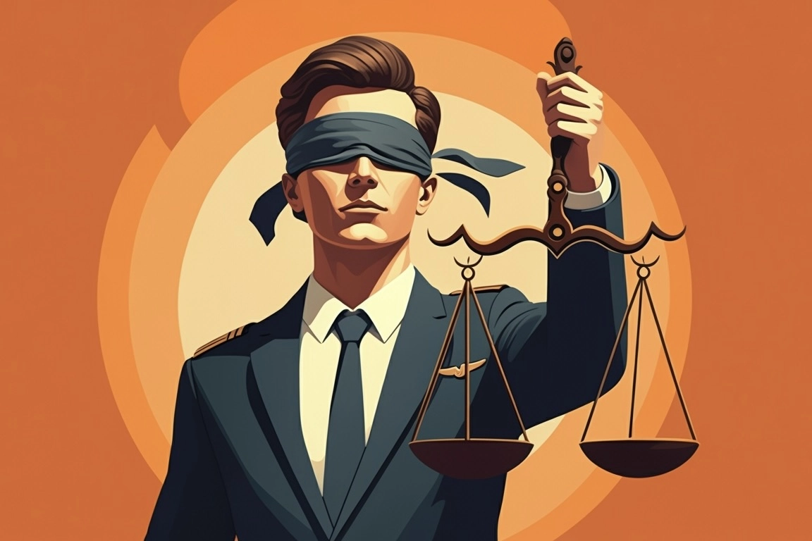 blindfolded airline pilot holding scales of justice (illustration)