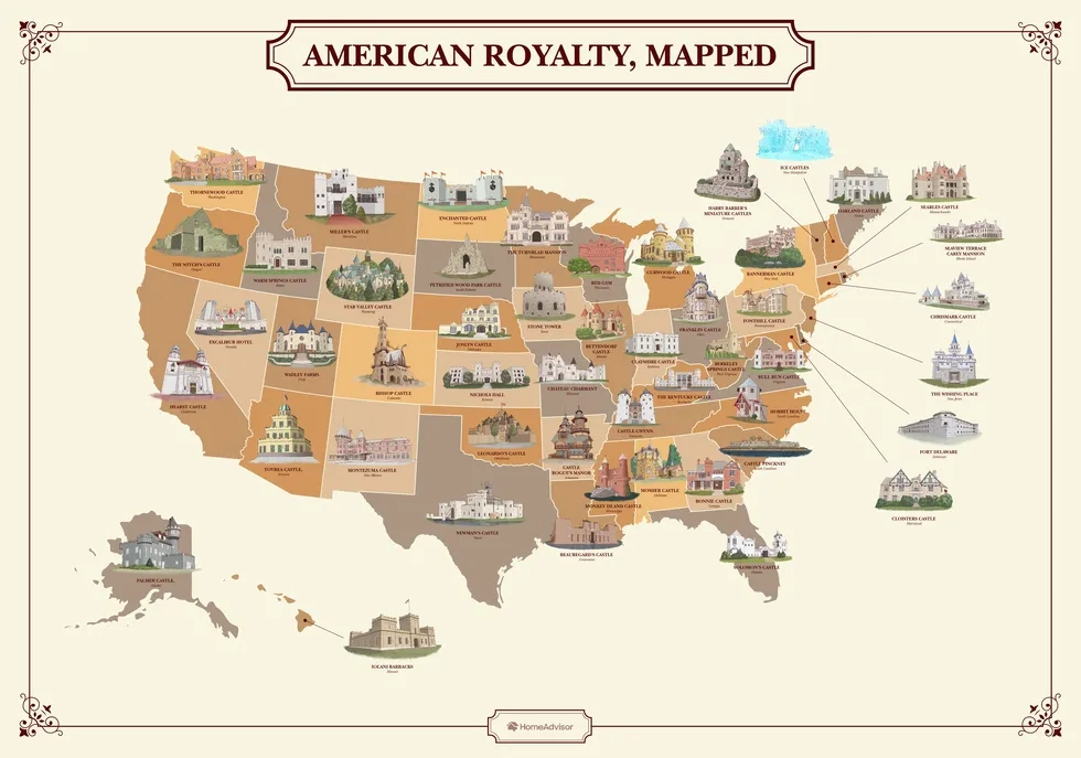 Illustrated map of castles in the United States
