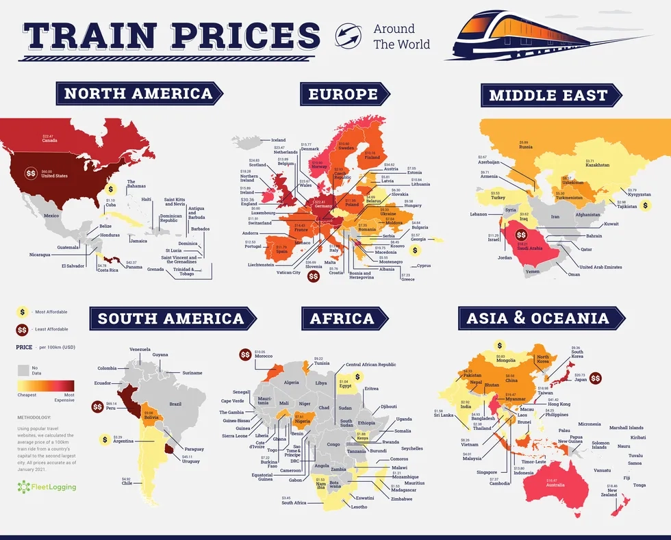 Map of domestic train travel prices by country