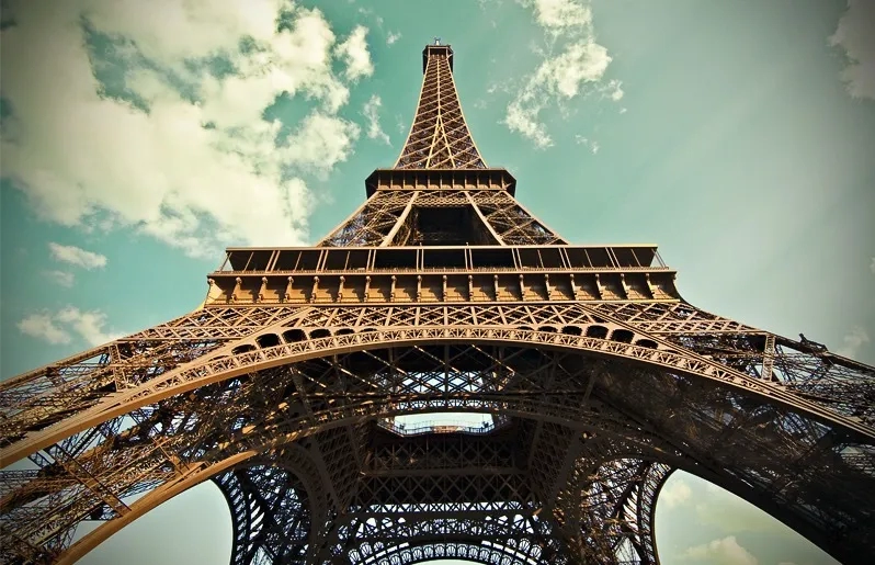 Eiffel Tower seen upward from base, Paris