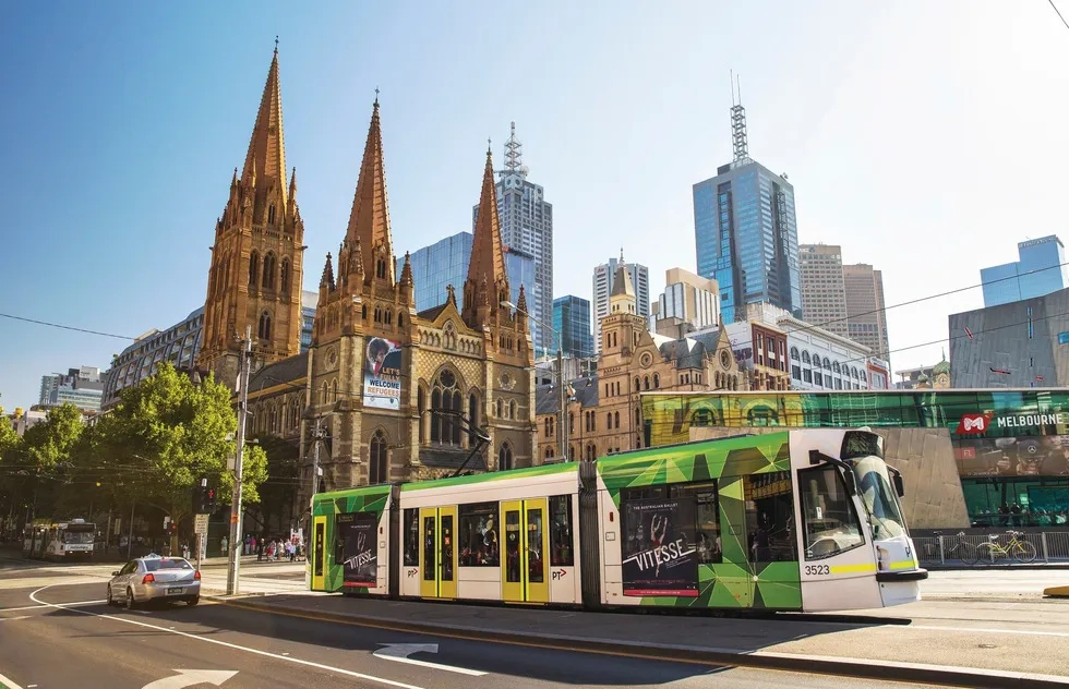 St Paul's Cathedral and tram, Swanston Street, Melbourne, Australia
