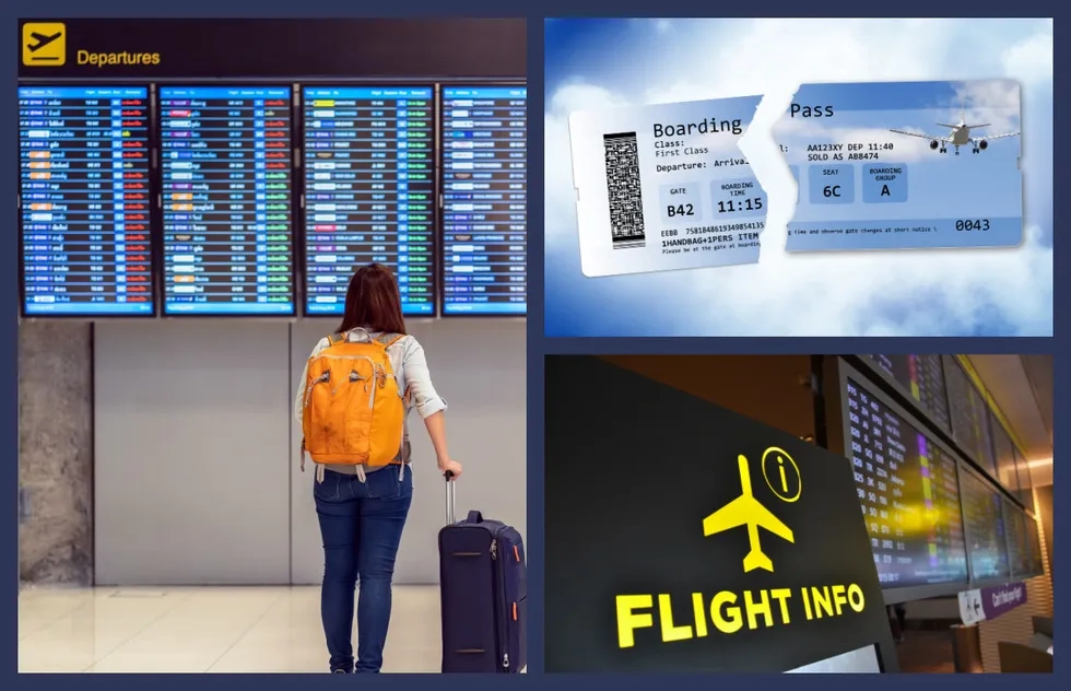 Airport departures board and boarding pass