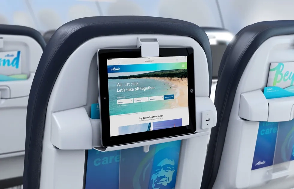 Alaska Airlines seatback device holder with iPad