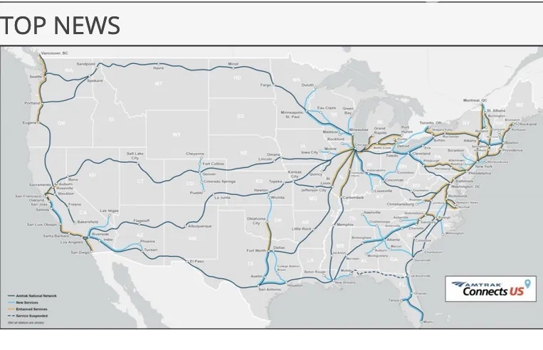 Amtrak routes on a map, United States