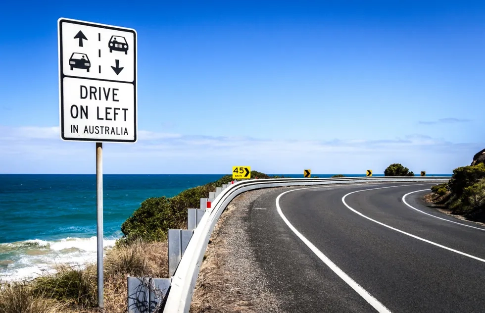 Left-side driving sign on the Great Ocean Road in Victoria, Australia