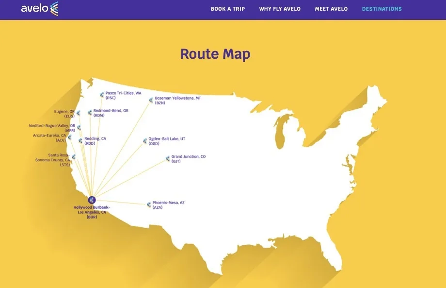 Avelo Airlines, Route Map, US Map