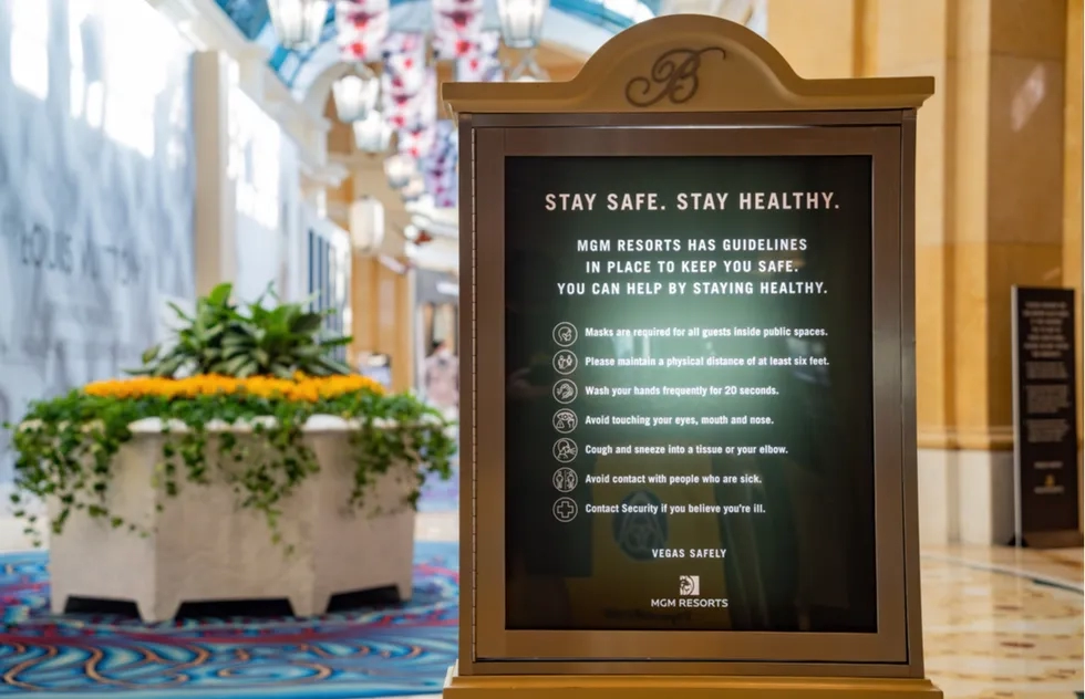 Covid-19 safety warning at the Bellagio Hotel and Casino in Las Vegas