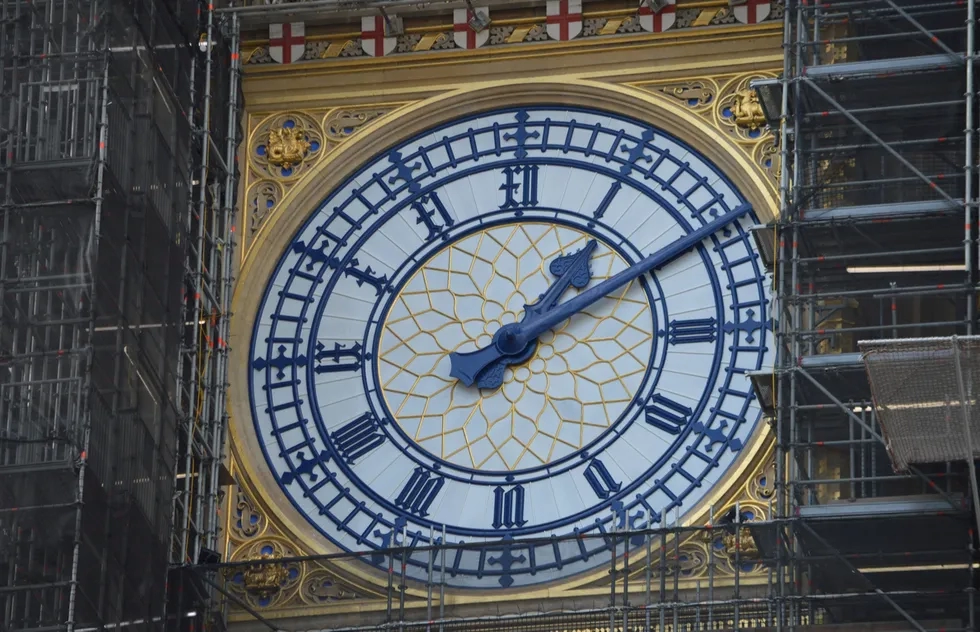 Clockface on the Elizabeth Tower, home of Big Ben, at the Houses of Parliament in London