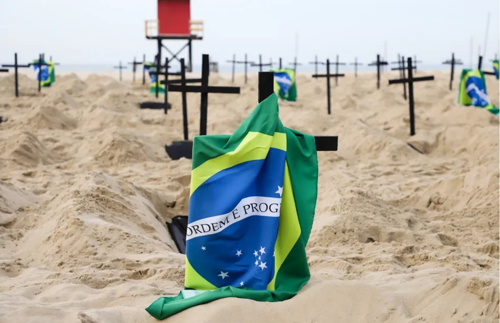 Coronavirus protest installation on Copacabana Beach in Rio de Janeiro