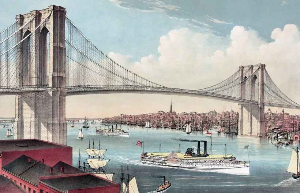 "The Great East River Suspension Bridge," an 1881 hand-colored lithograph by Currier & Ives