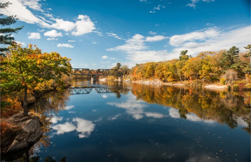 Brunswick, Maine, Androscoggin River, Railroad Bridge, New England, Fall Foliage