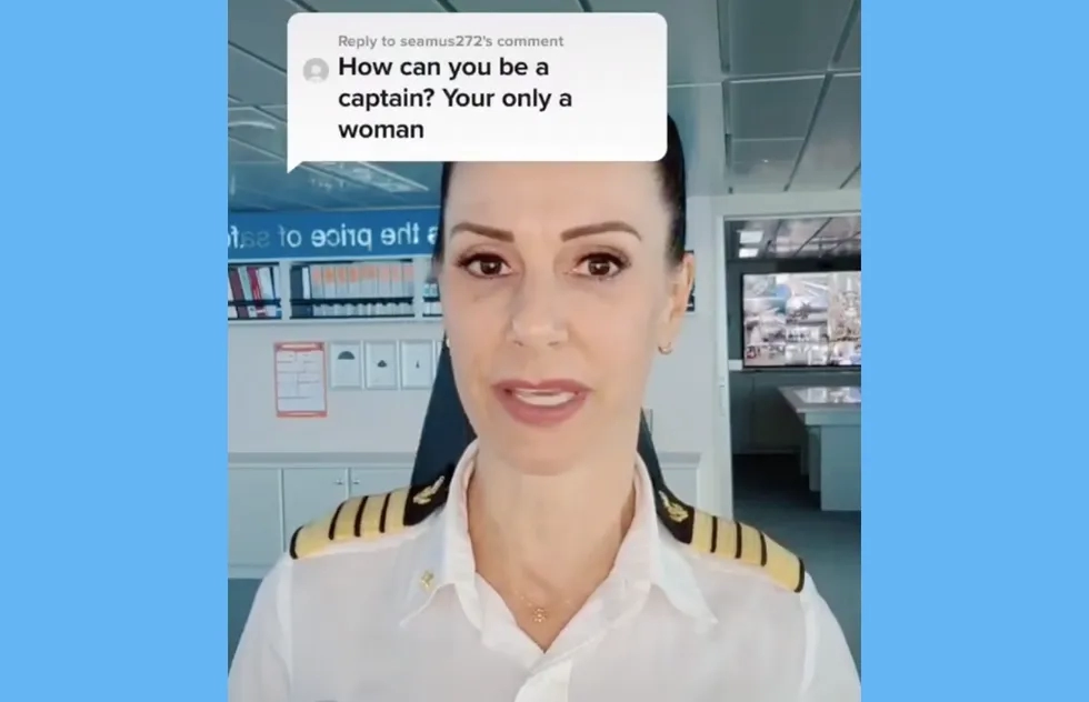 Still from a social media video posted in October 2020 by Captain Kate McCue of Celebrity Cruises in response to a sexist online comment