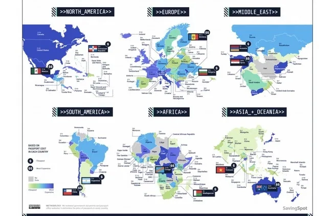 Map of Passport Costs Worldwide