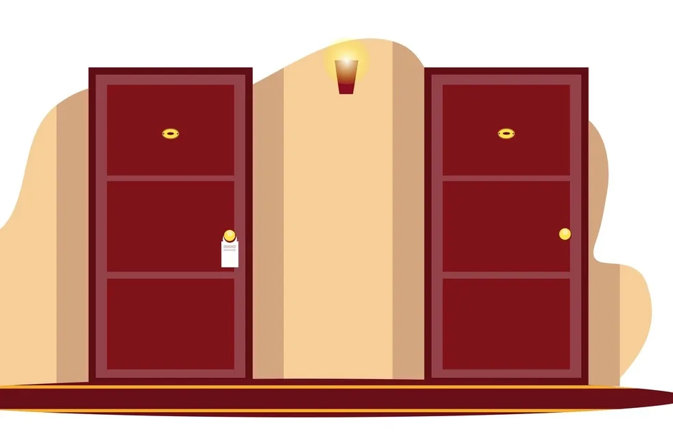 two hotel room doors, side by side (illustration)