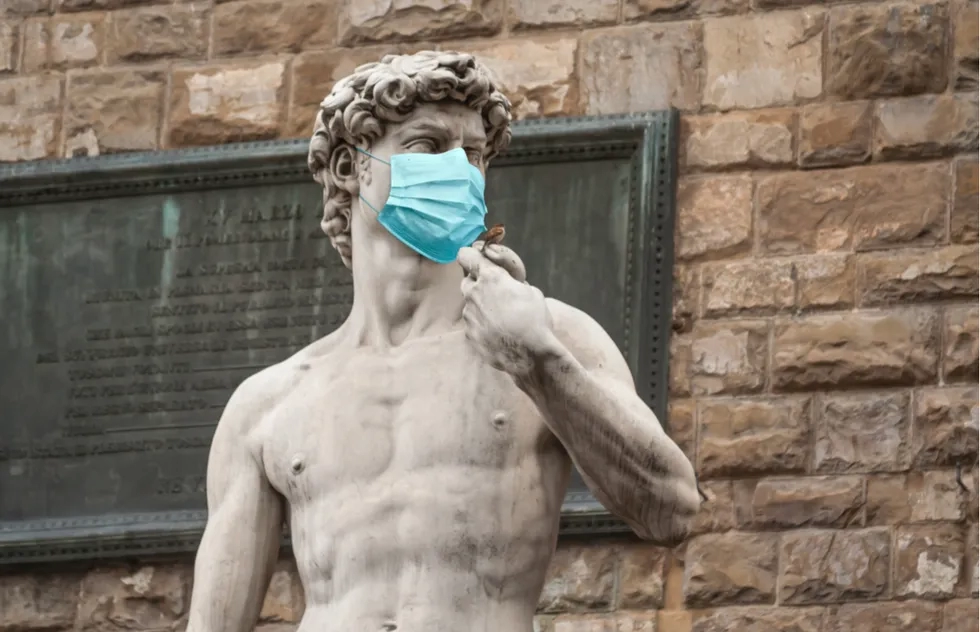 Masked David statue in Florence, Italy