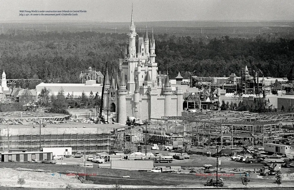 Cinderella Castle construction, Magic Kingdom, from Orlando Sentinel's Disney at 50 book