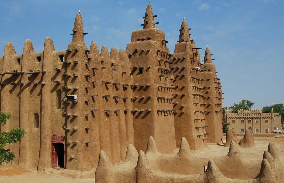 An ancient building made of mud stands in the Old Towns of Djenné in Mali