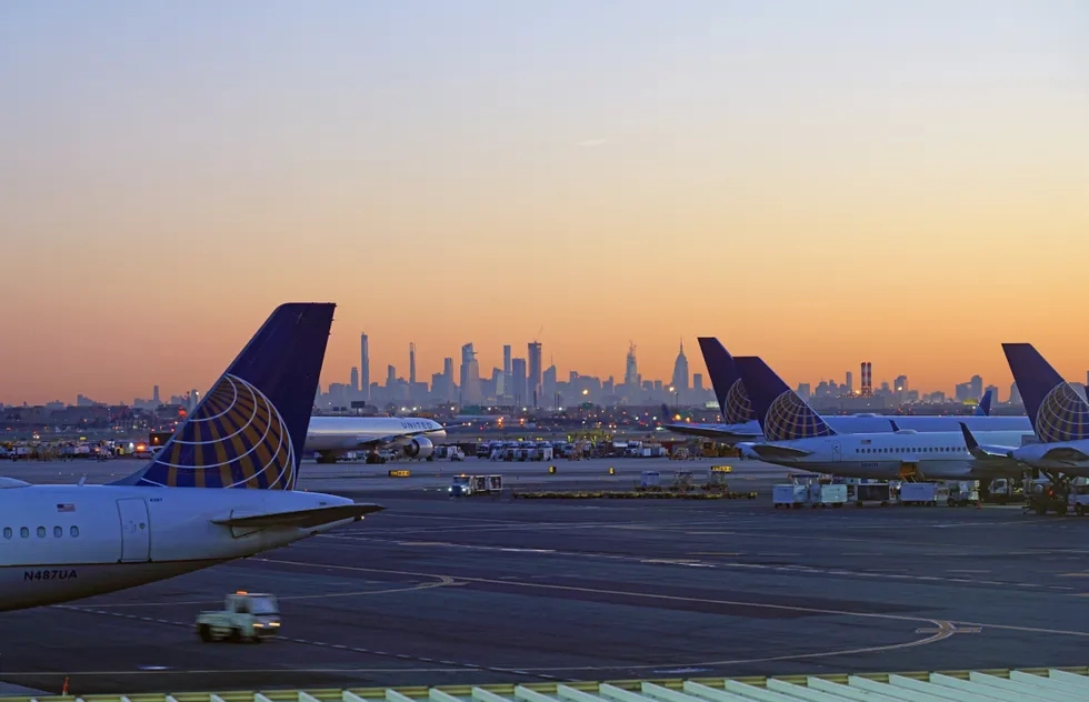 View of the Manhattan skyline from Newark Liberty International Airport in New Jersey