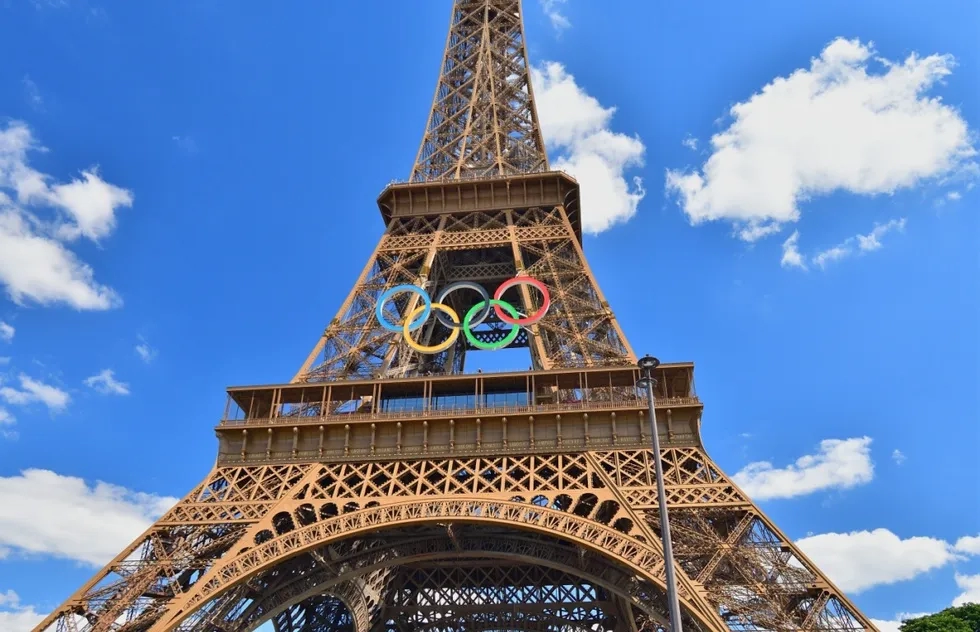 Olympic rings on the Eiffel Tower in Paris