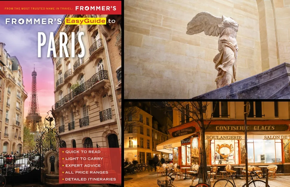 Cover of "Frommer's EasyGuide to Paris," the Winged Victory of Samothrace in the Louvre, and Au Petit Versailles du Marais bakery in Paris