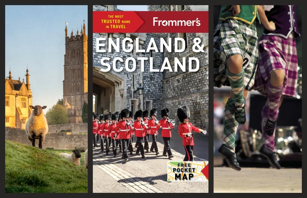 L–R: a sheep in the Cotswolds of England, the cover of Frommer's England and Scotland, and the Highland Games in Scotland