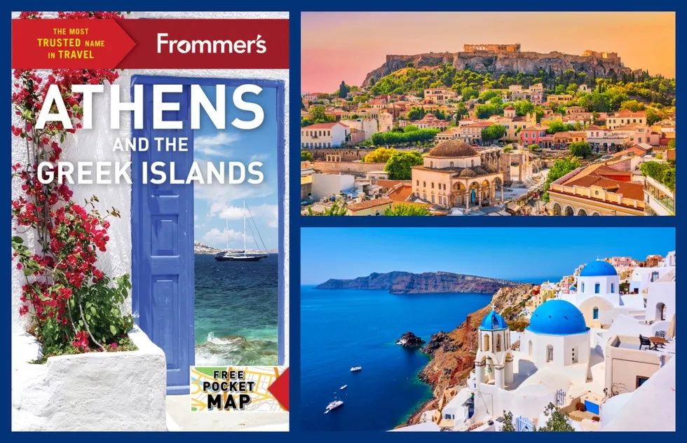 Cover of Frommer's Athens and the Greek Islands and photos of Athens and Santorini