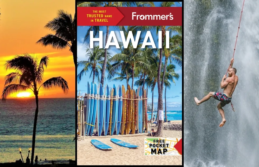 Frommer's Hawaii cover with a Maui sunset and Kauai waterfall
