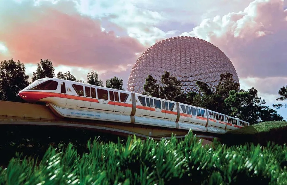 Walt Disney World Monorail in Future World in Epcot with Spaceship Earth