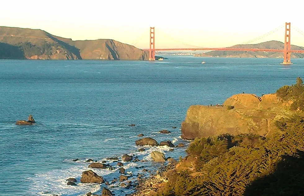 View of Golden Gate Bridge from Lands End at Golden Gate National Recreation Area along San Francisco Bay