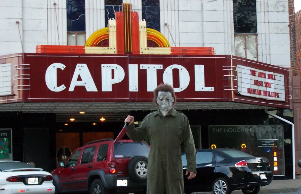 Michael Myers of "Halloween" in front of the Capitol Arts Center, a stop on the John Carpenter driving tour in Bowling Green, Kentucky, the film director's hometown