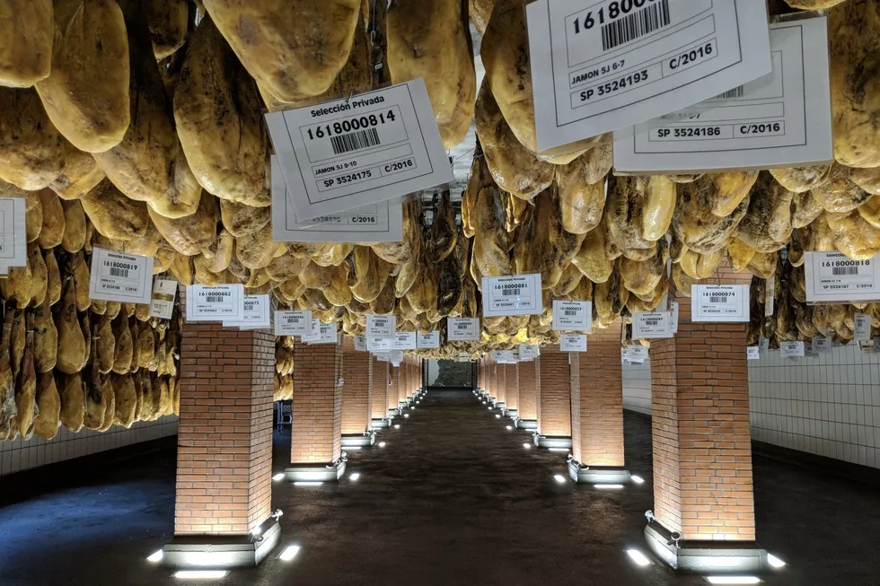 Hams ageing in the cellars at Cinco Jotas, Jabugo, Spain