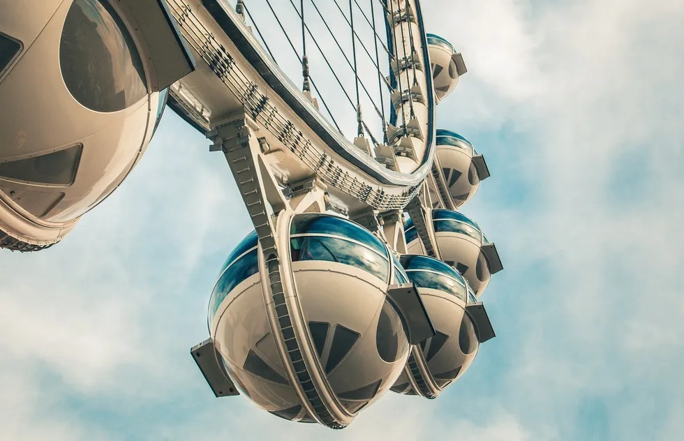 Cabins dangle from the frame of the High Roller observation wheel in Las Vegas
